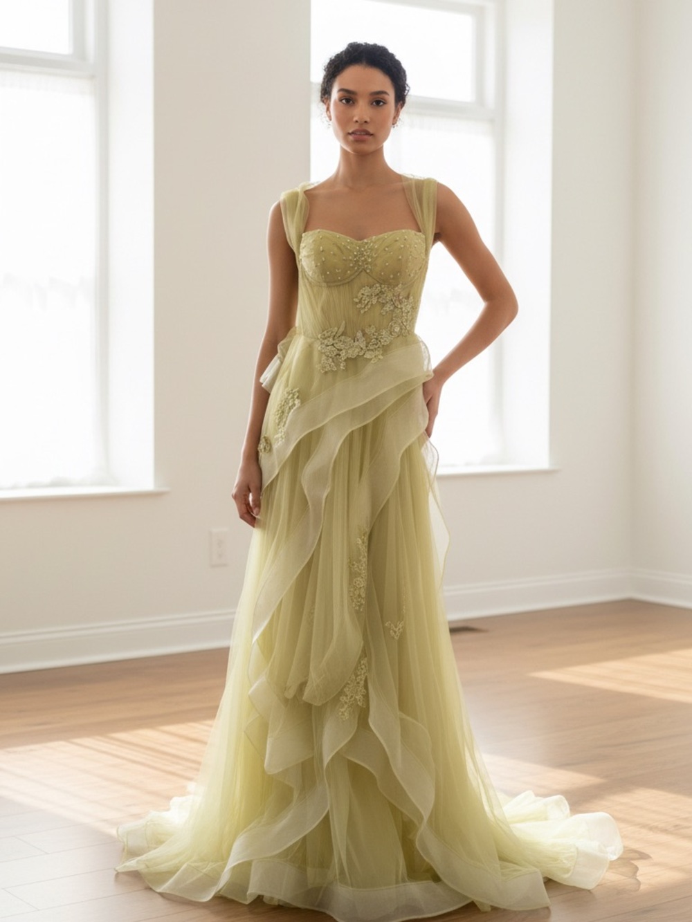 Elegant Green Chiffon Prom Evening Gown